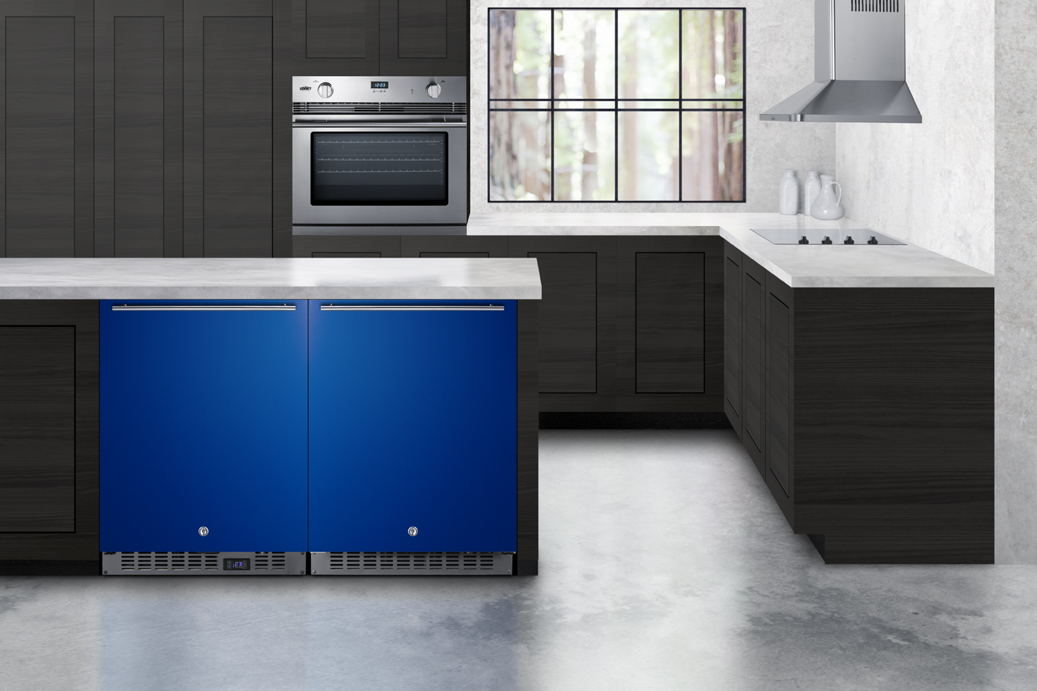 24 in. wide built-in undercounter ADA compliant all-refrigerator with cobalt blue door, stainless steel handle and kickplate, and black cabinet